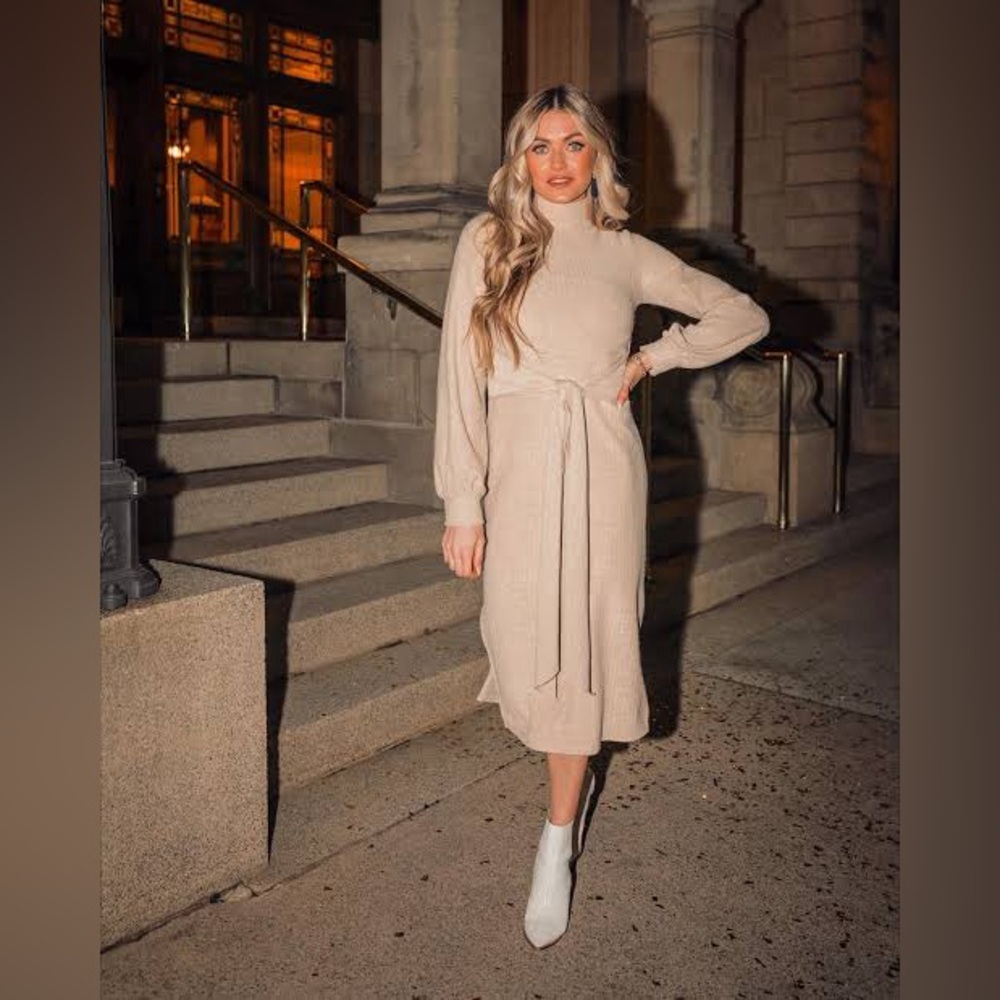 Ivy City Co Jensen Ribbed Sweater Dress in Beige with Waist Tie
